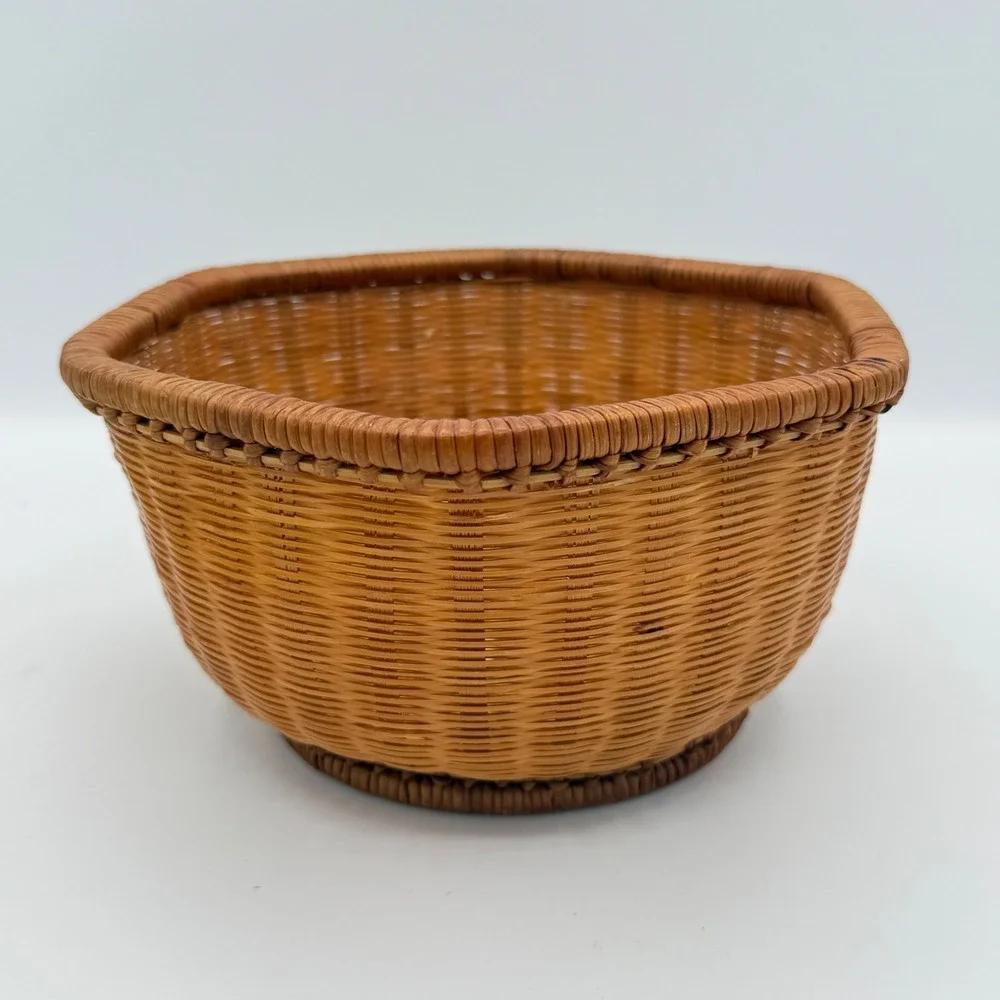 Vintage woven Wicker Basket Brown Boho Hexagonal Storage Decor Cottagecore